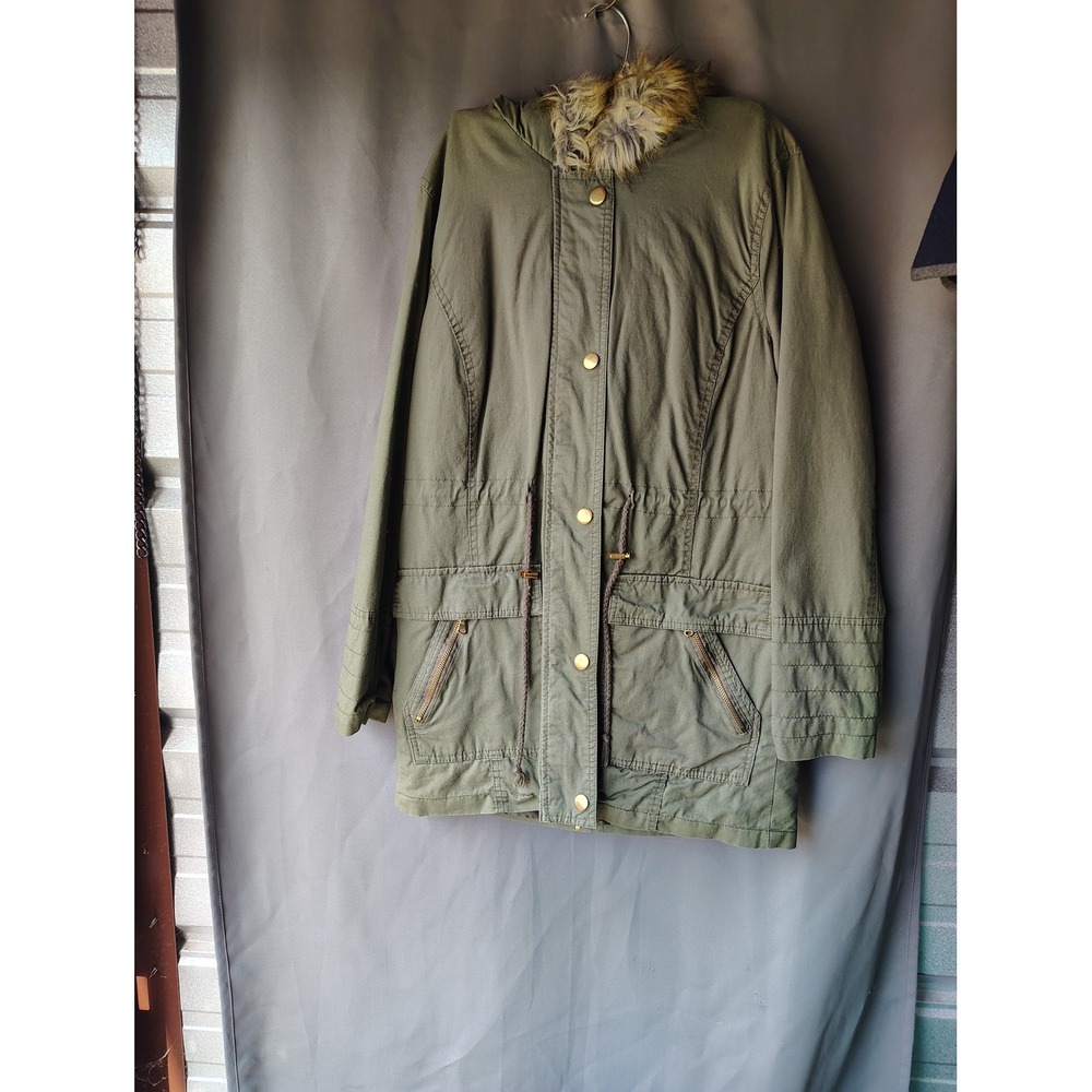 Charlotte Russe Olive Green Faux Fur Trim Hooded Utility Parka Jacket Small